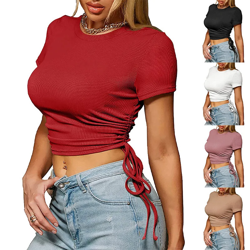 

Summer Womens Knitted Cotton Crop Top Casual Short Sleeve Round Neck Ribbed Tank Top Y2k Fashion Sexy Lace-up Ruched Tight Vest