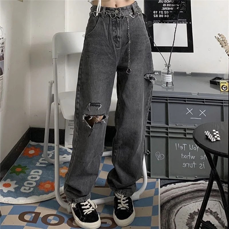

Xpqbb Vintage Streetwear Dark Gray Jeans Women Y2K High Waist Ripped Denim Trousers Female 2022 New Design Loose Wide Leg Pants