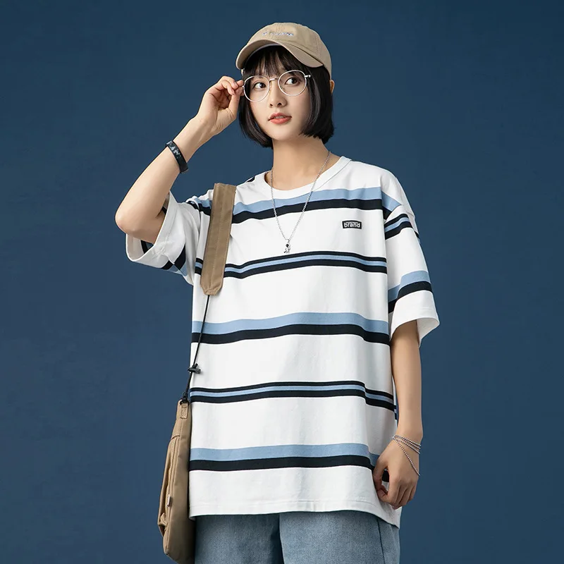Женская Весенняя и летняя Новая цветная контрастная полосатая пара с коротким рукавом женская футболка пара свободная футболка большого размера Женская Весенняя и летняя Новая цветная контрастная полосатая пара с коротким рукавом женская футболка пара свободная футболка большого размера