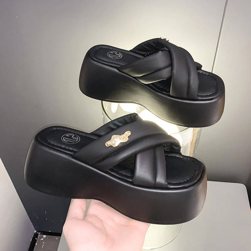 Designer 7CM Platform Sandals Summer 2023 NEW Metal Wedge Heels Beach Slippers Woman Thick Bottom Slides for Women Flip Flops