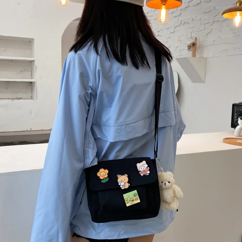 Crossbody Bags Women Canvas Flap-bag Harajuku All-match Students Casual Female Handbags Korean Version Shoulder Small Square Bag