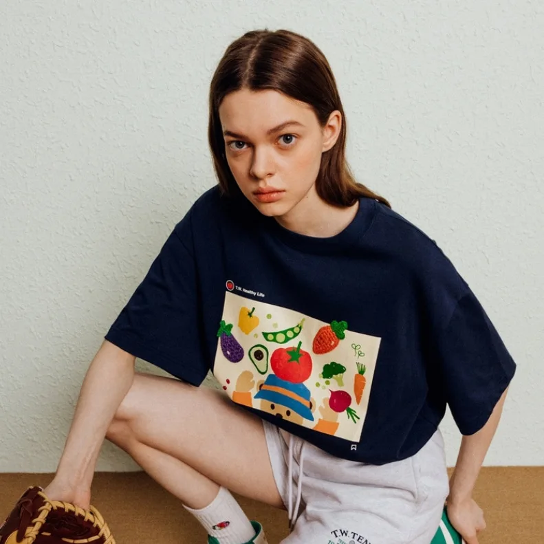 

Kawaii Cartoon Print Women Loose Tees T-Shirt Black &Pink &White Cotton Fabric Lady Tops Pullover