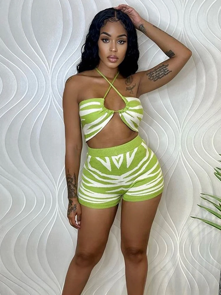 

Weird Puss Zebra Striped Women 2 Piece Set Elegant Skinny Halter Backless Camisole+Mini Shorts Casual Streetwear Matching Outfit