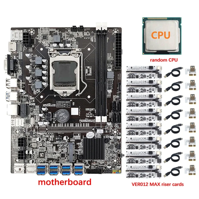 

Материнская плата 8 GPU B75 для майнинга + CPU + 8X VER012 MAX, переходная карта 8 USB 3,0 к PCIE 1X слот LGA1155 DDR3 SATA3.0 для BTC/ETH