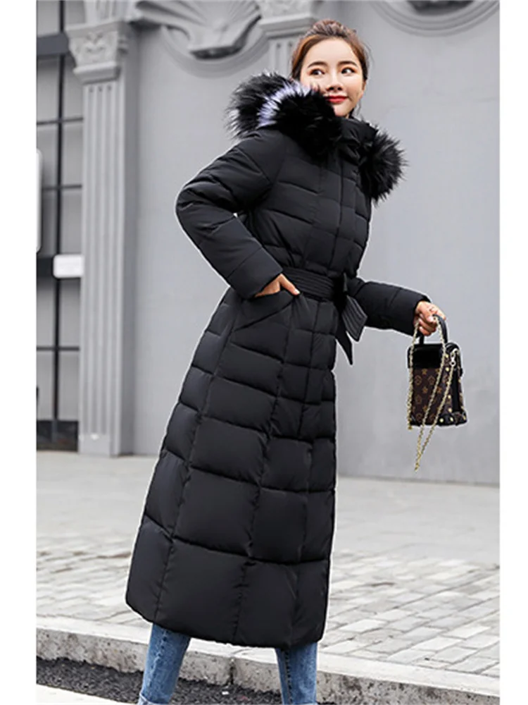 Parkas Coat Women Black Knee Length Down Cotton Coats 2022 Winter New Fashion Big Fur Collar Hooded Thick Warmth Clothing Female