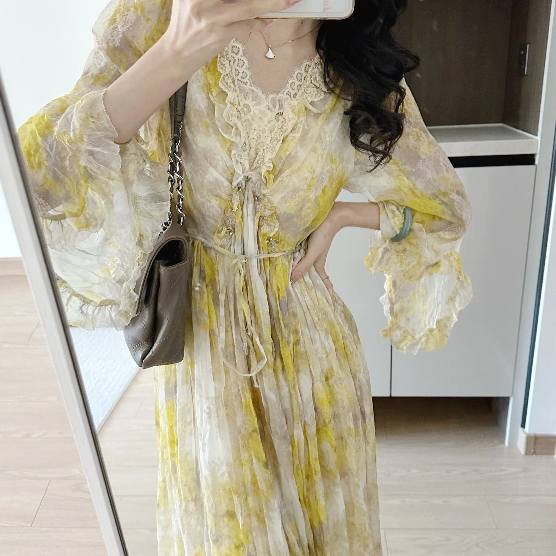 

Желтое Цветочное платье для женщин, весна-лето 2023, новые стильные длинные платья