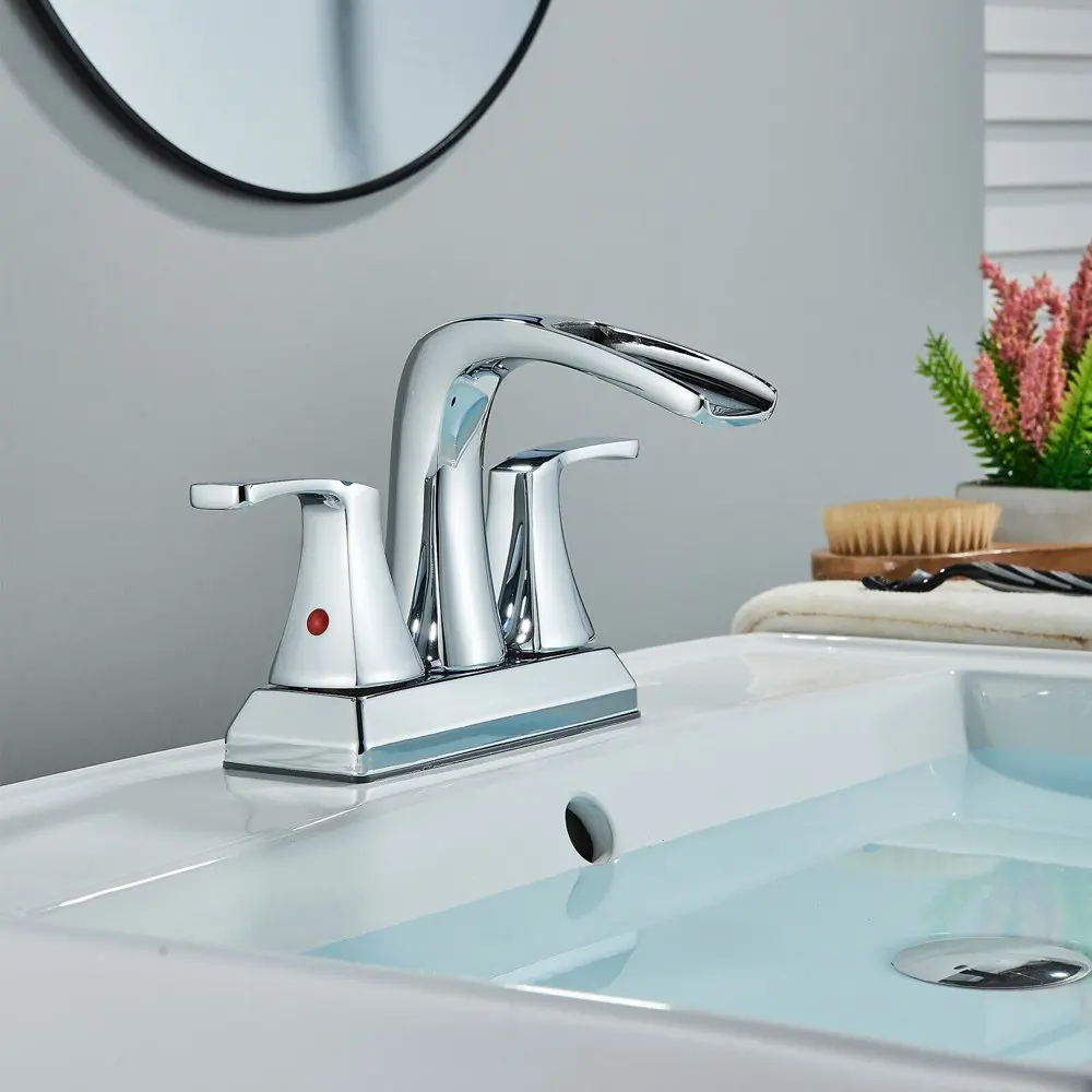 

Widespread Center Bathroom Faucet 3 Hole Waterfall Vanity Sink Mixer Tap w/Drain Chrome