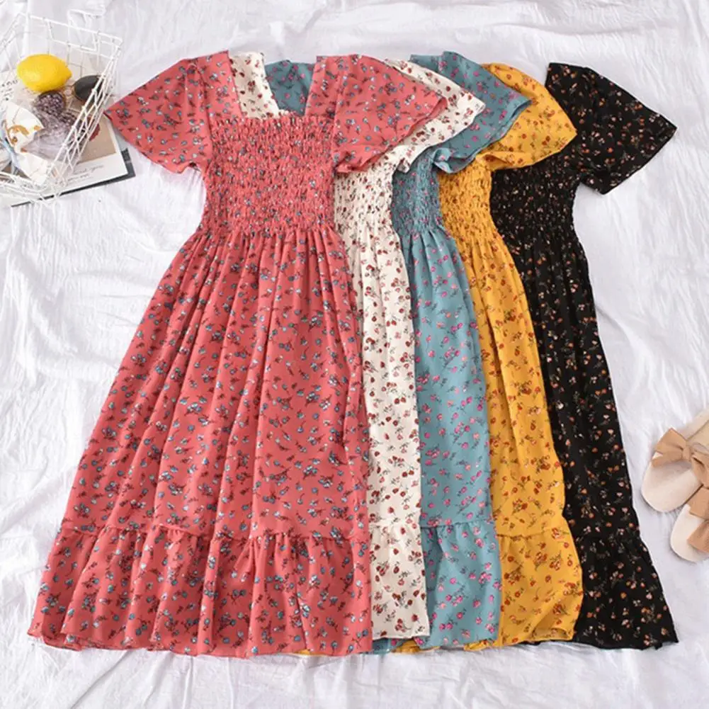 

Short Sleeve Elastic Chest Wrap Sweet Dress Ruffle Large Hem Summer Floral Print Square Collar Midi Dress Streetwear