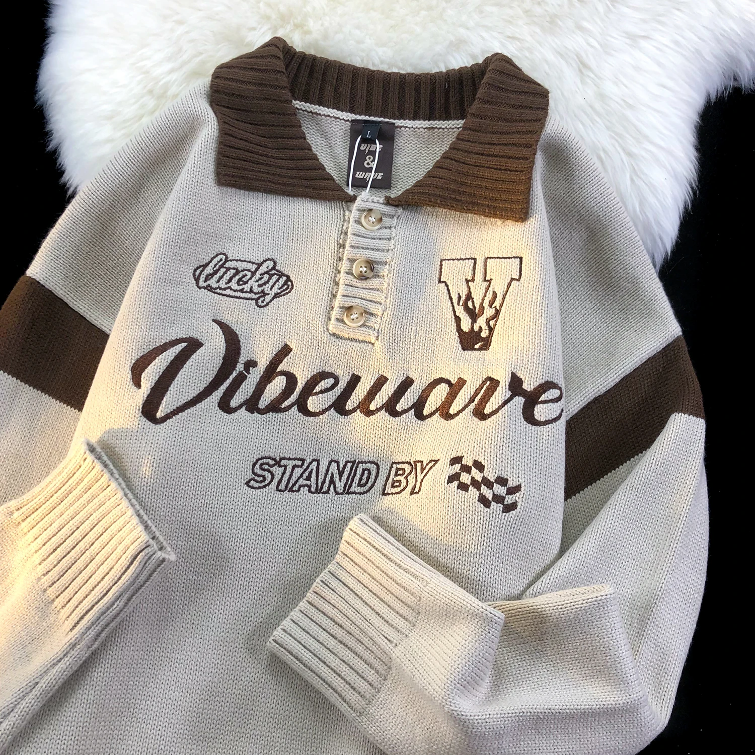 

Button Up POLO Collar Retro Letter Embroidery Sweater Men Loose Knitted Preppy Sweatshirt Winter Tops American Style Y2k Clothes