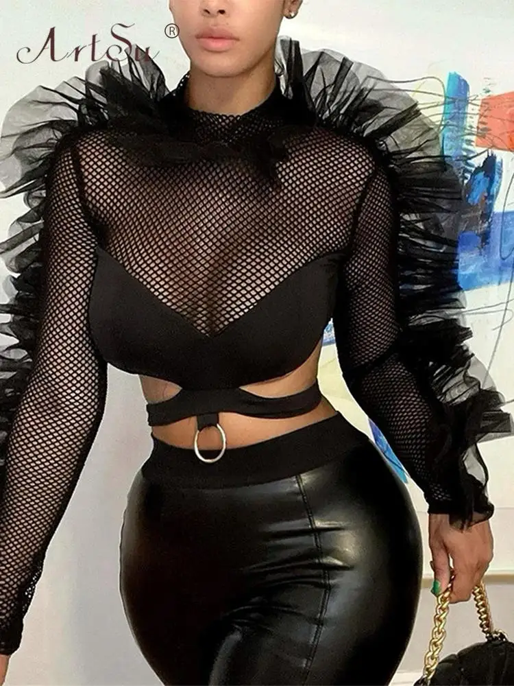 

Кроп-Топ женский прозрачный с длинными рукавами и вырезами, ANDYTS941