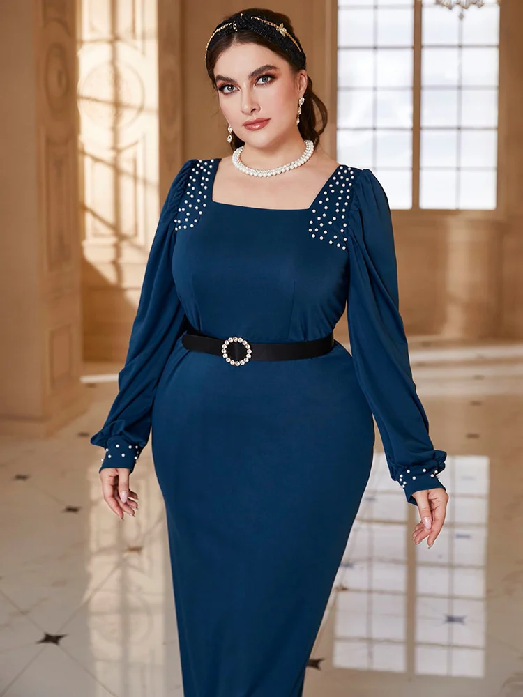 Plus Size Women Dress Elegant Autumn Winter Skinny Square Neck Long Sleeve Dress with Pearls Solid Party Dress Large Size Women