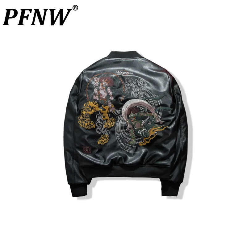 

PFNW Men's China-chic Jacket Spring Autumn Fashion PU Leather High Street Coat Tide Embroidered Motorcycle Zippers Punk 12Z1192