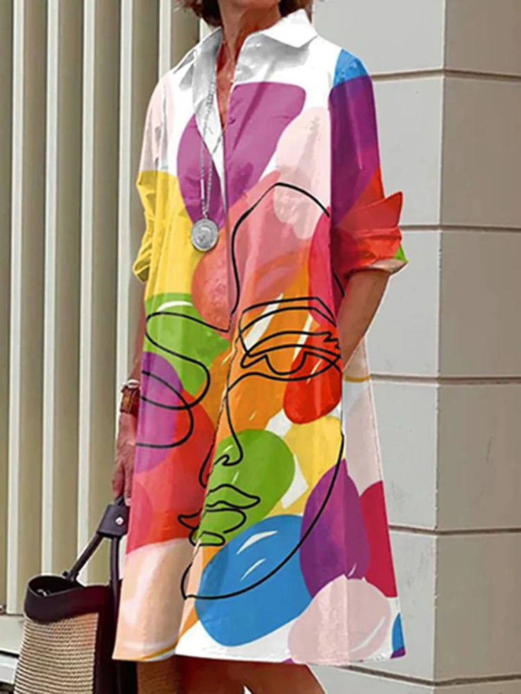 

V-Neck Loungewear Single-Breasted Cardigan Dress Women Spring Summer Long Sleeve Loose Printing Holiday Party Dress Streetwear