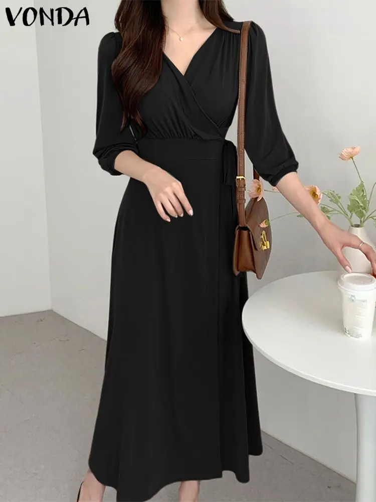 

Платье VONDA женское с V-образным вырезом, элегантный пикантный длинный сарафан с завышенной талией, с рукавом 2023 и подолом, модная офисная одежда, 3/4