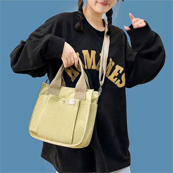 

Canvas Handbag Large Capacity Tote Bag Fabric One Shoulder Cross Body Schoolbag Multi Pocket Lunch Box Bag Simple Travel Bag