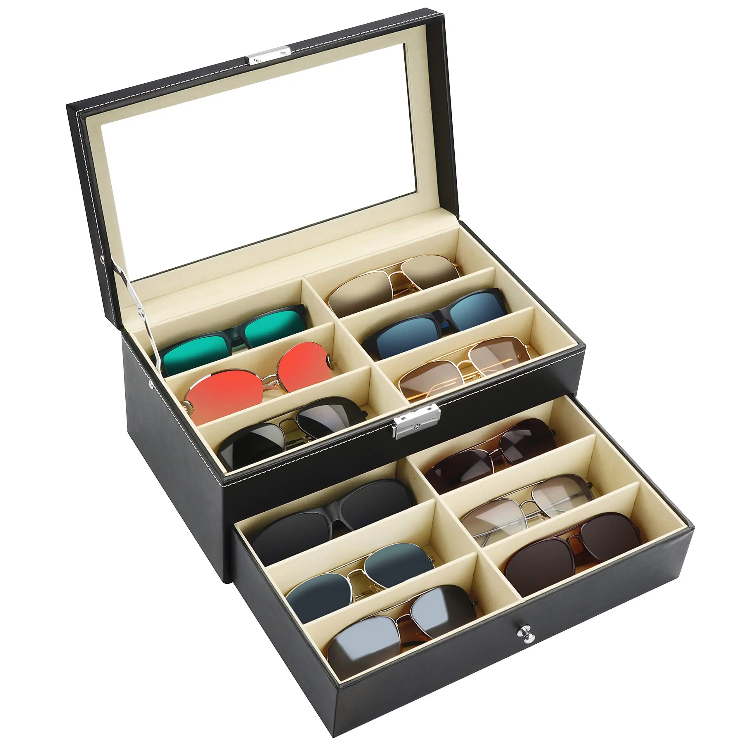 

Lockable Sunglass Case 2 Shelves and 12 Slots for Sunglasses and Glasses Organizer Multiple Glasses Case Black