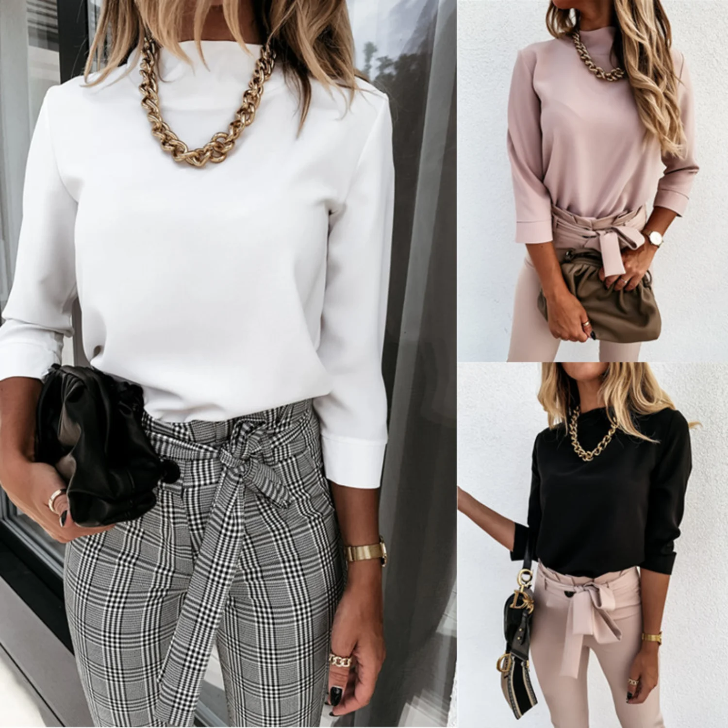 

2023 Women'S Autumn Winter New Solid Long Sleeve Stand Collar Shirt Wear
