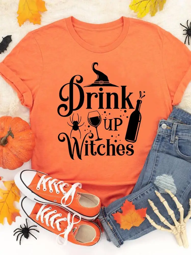 

Fashion Fall Halloween Autumn Casual T-shirts Clothes Wine Funny Witch Cute Women Female T Clothing Ladies Print Graphic Tee