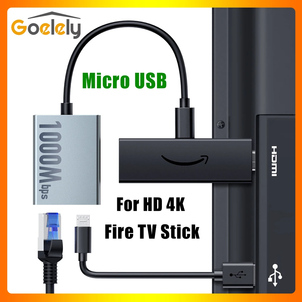 Фото Goelely 2025 Новый Ethernet-адаптер Micro USB для Fire TV Stick 1000 Мбит/с RJ45 TV Stick Адаптер, совместимый с Fire TV Stick 4K №1