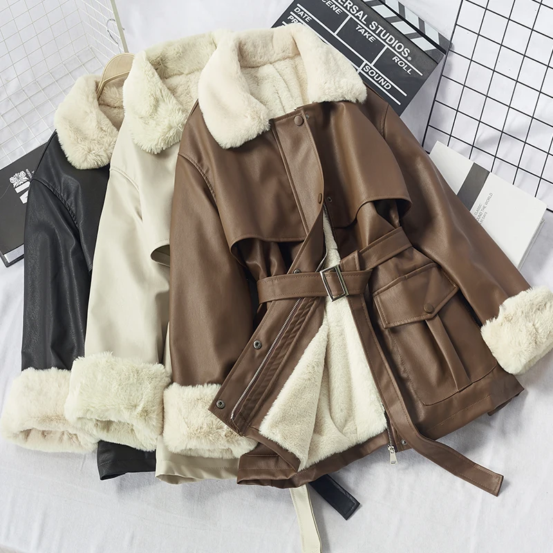 

eather clothes winter 2021 new Korean Pu fur one-piece fur collar lace up Plush jacket fashion motorcycle clothes women's coat