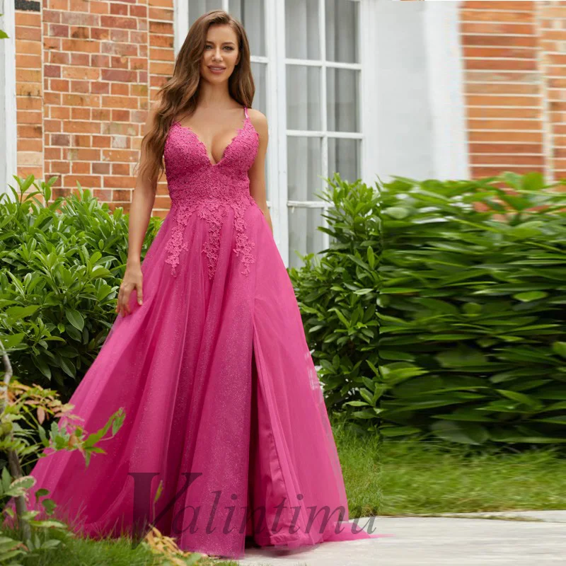 

Sparkly Tulle Evening Dress Spaghetti Strap V-Neck Elegant Pink Wedding Party Gown Bow Lace Appliques Custom Made Robes De Soiré