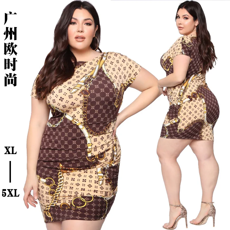 2022 Summer Women's New Fashion Chain Print Tight-fitting Hip Crewneck Dress Clothing Female