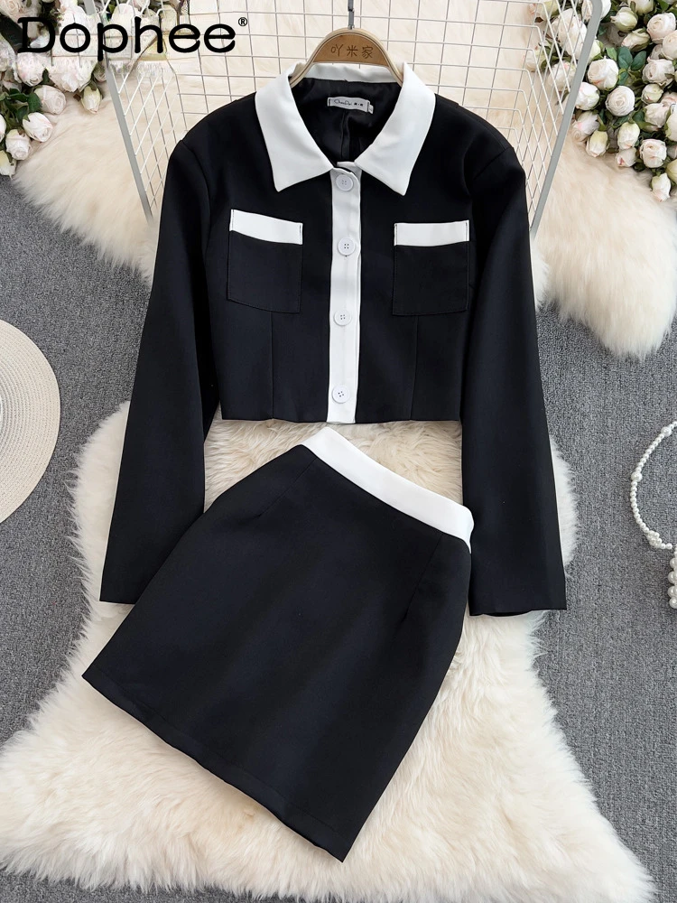 

Новинка 2022, модная женская одежда на осень и зиму, однобортный короткий топ с отложным воротником и длинными рукавами и юбка