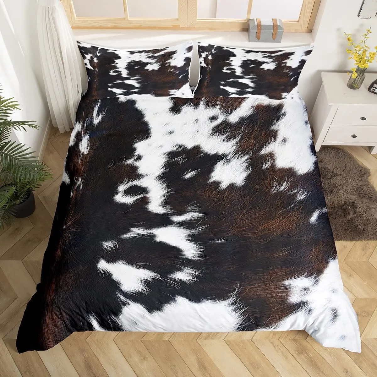 Cowhide Duvet Cover Brown Cow Print Bedding ,Western Rustic Farmhouse Farm Animal Bedding Sets Highland Cow Fur Comforter Cover