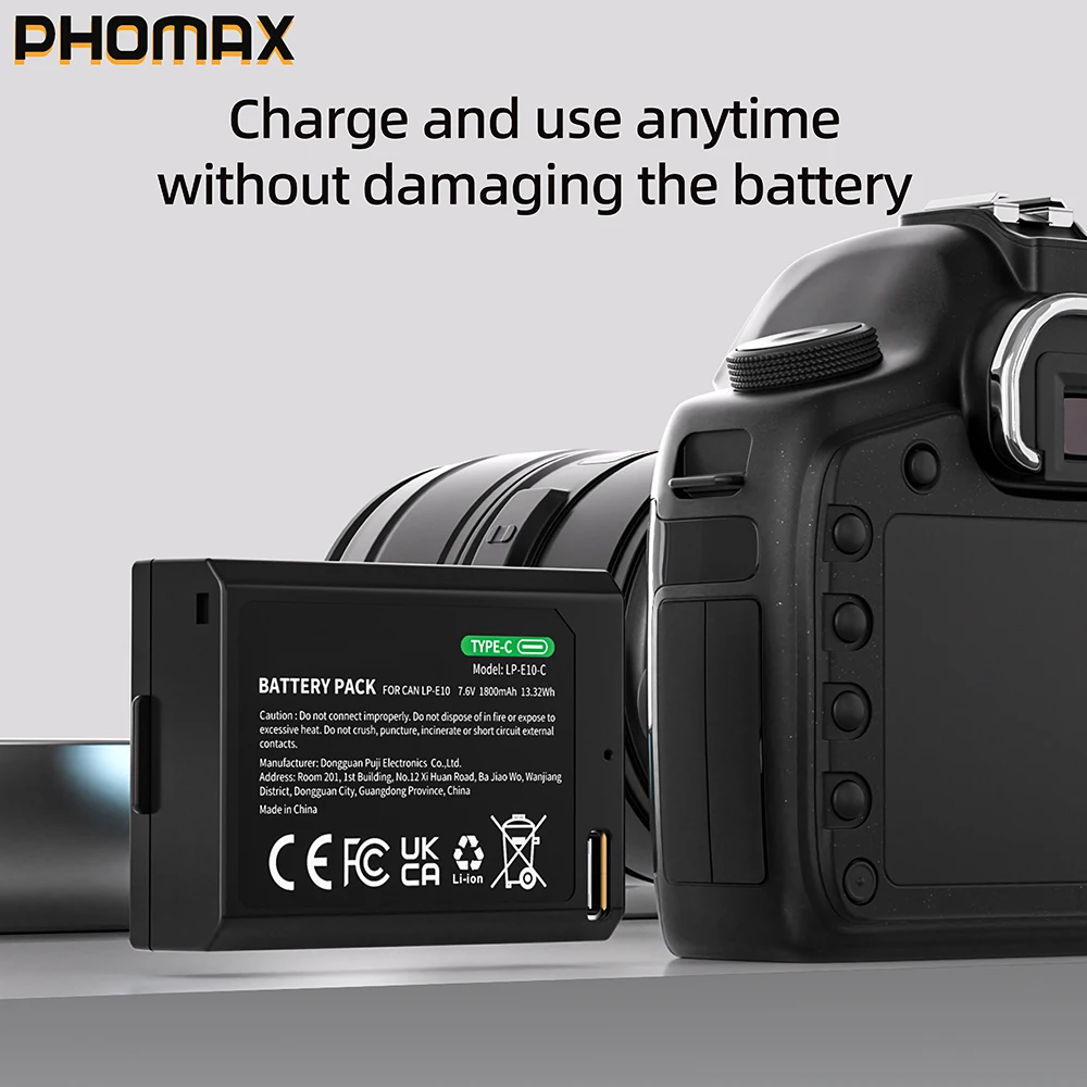 Фото Аккумуляторы PHOMAX 7.6V 1800mAh LP-E10 для цифровых камер Canon EOS Rebel T3, T5, T6, T7, Kiss X50, Kiss X70, EOS 1100D, 1200D, 1300D №1