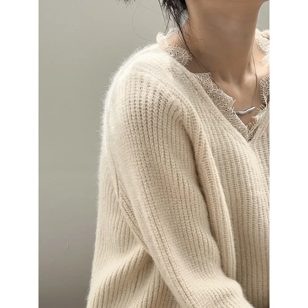 Женская одежда кружевной лоскутный свитер с v-образным вырезом новинка