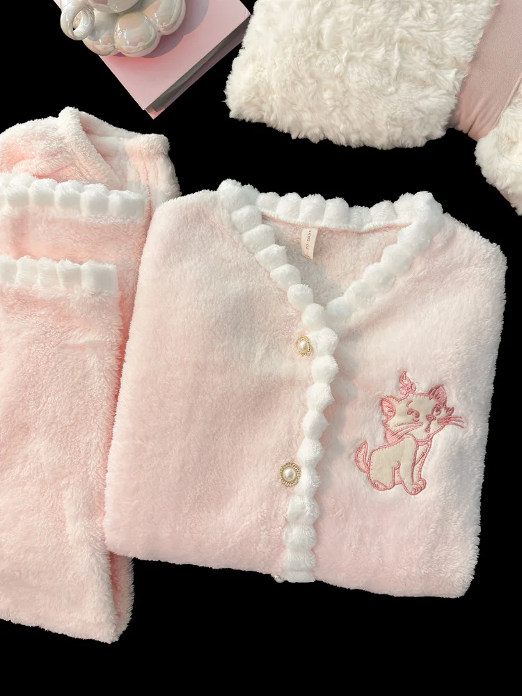 Розовая пижама Мэри с котом женская осенне-зимняя фланелевая домашняя одежда из