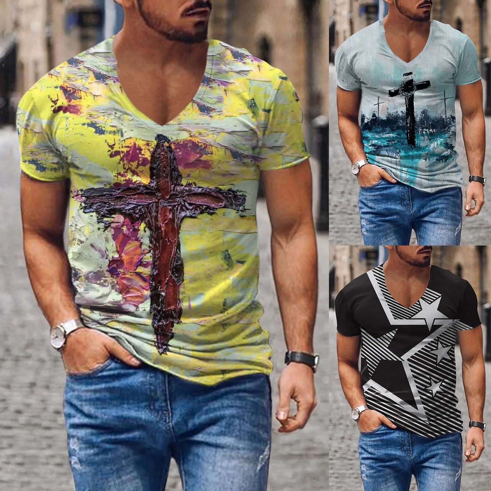 

Футболка мужская летняя с V-образным вырезом и коротким рукавом