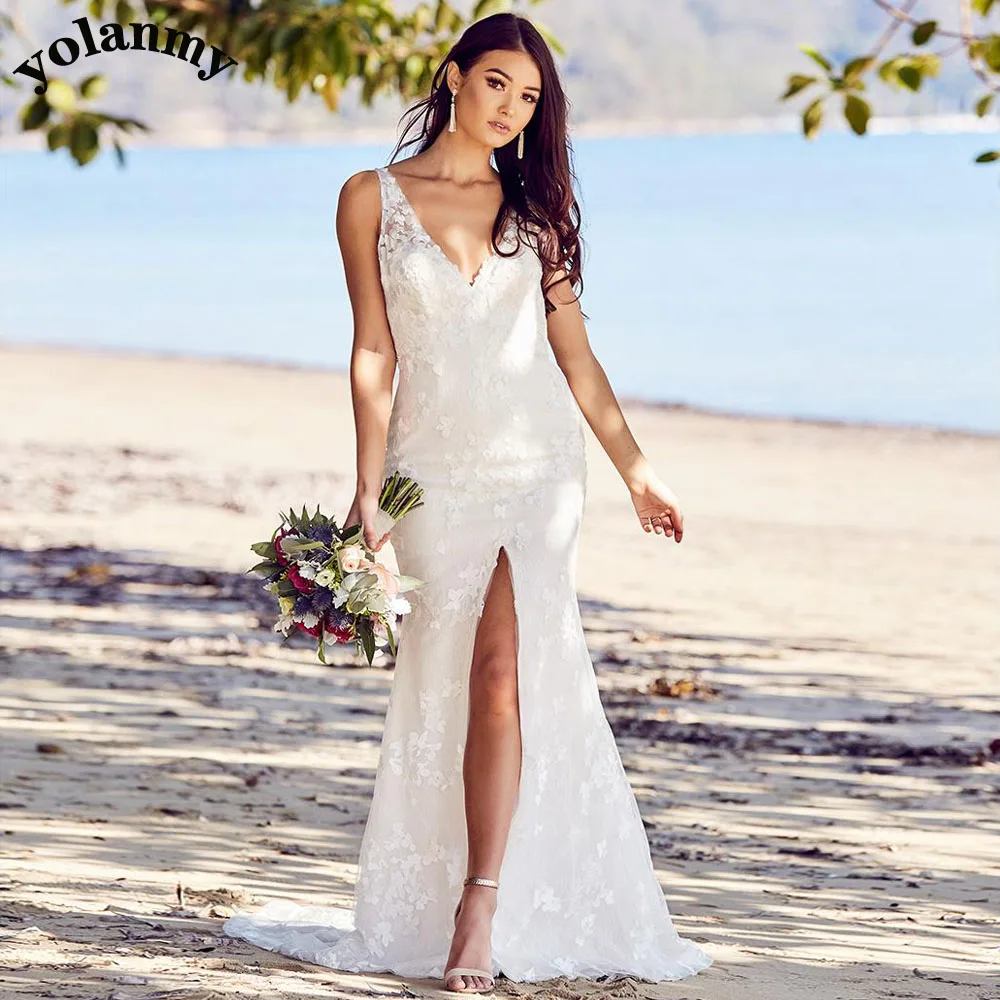 

YOLANMY Modern Wedding Dresses Split V-Neck Sleeveless Mermaid Formal Bridal Gown Vestidos De Novia Personalised For Women