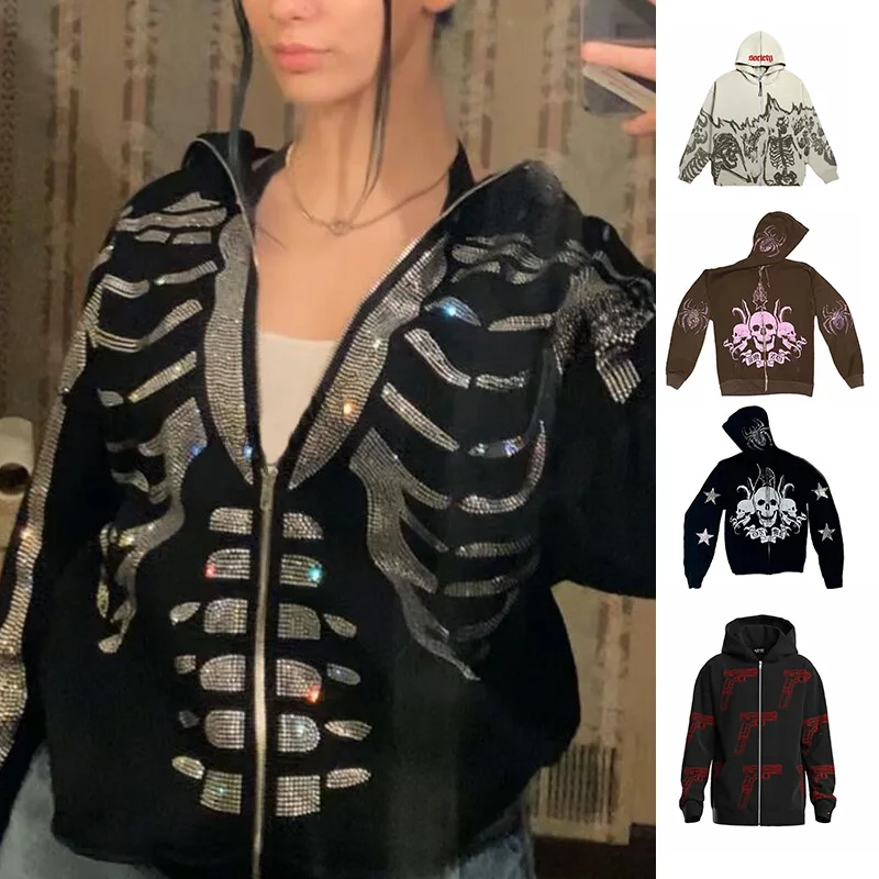 

Skeleton Oversized full zip up over face Diamond Rhinestone Hoodies Women Grunge Y2k Clothes Casual Casual Hip Hop Y2k Clothes