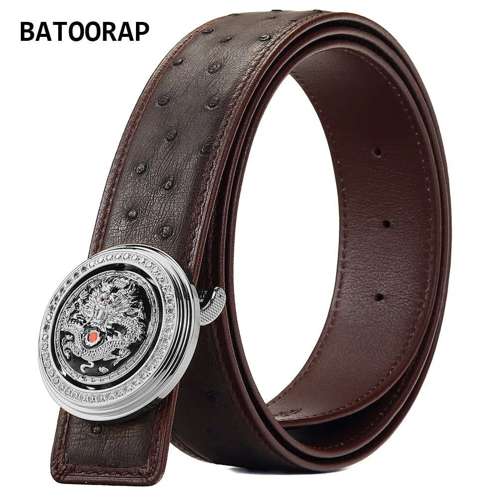Batoorap High-end South African Ostrich Leather Belt Brown Men's Stainless Steel Domineering Dragon Buckle Luxury Design
