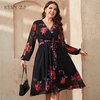 keby zj plus size floral print v neck midi belted dress women casual spring fall long sleeve elegant vintage a line dresses 2022
