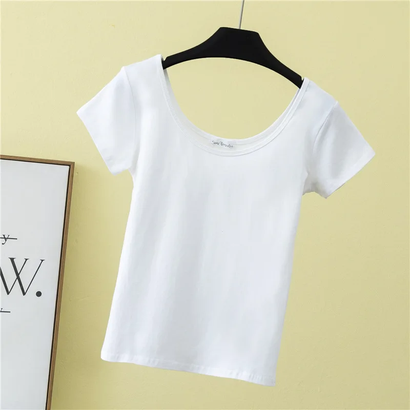 

High-waisted short-sleeved T-shirt women's new pure Cotton Slim Slim Big U-neck tight t-shirt Hyuna style short gray22