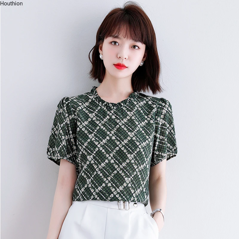 

Женские блузки, модные топы, повседневные рубашки, блузка с принтом, рубашка в клетку с воротником в виде листьев лотоса, топ с коротким рука...