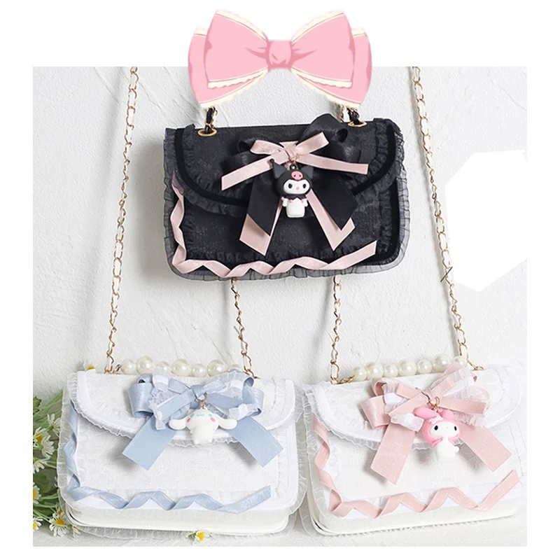 

Cute Lolita Bag Cartoon Anime My Melody Cinnamoroll Kuromi Kawaii JK Lace Original DIY Pearl Chain Girl Inclined Shoulder Bag