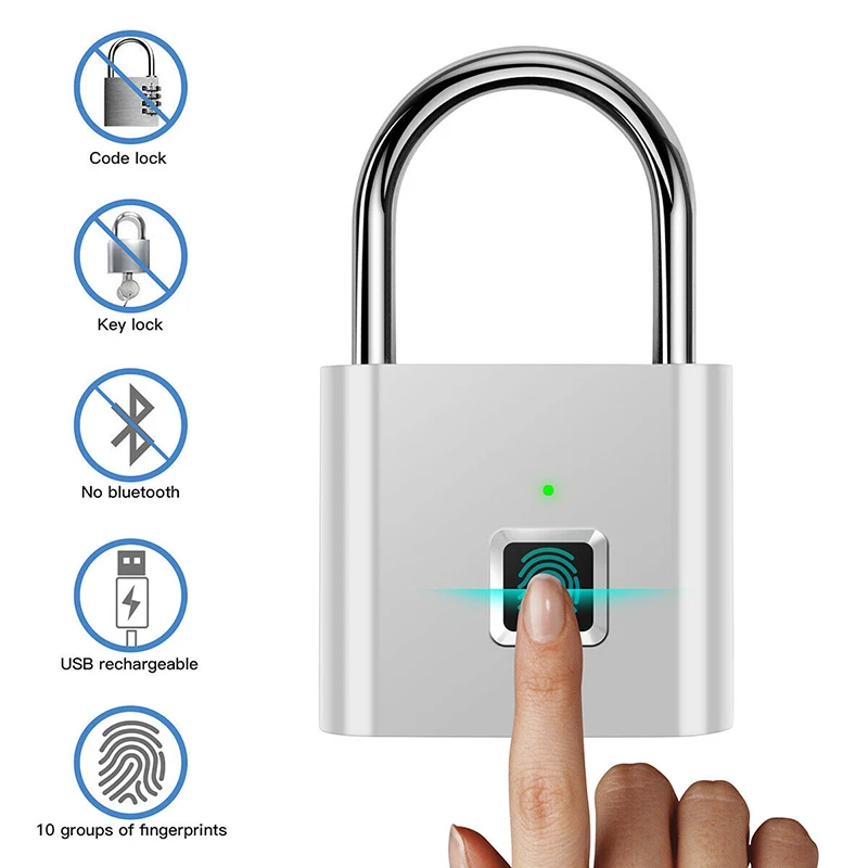 

Keyless Charging Door Lock Fingerprint Smart Padlock Quickly Unlock Zinc Alloy Metal Self-imaging Chip 10 Fingerprints