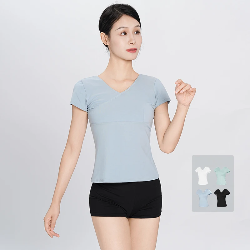 Женские танцевальные топы с v-образным вырезом футболка короткими рукавами