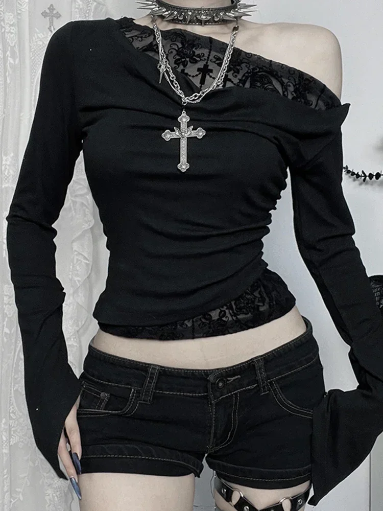 Новинка 2024 женская футболка элегантная уличная одежда лоскутный кроп-топ с косым