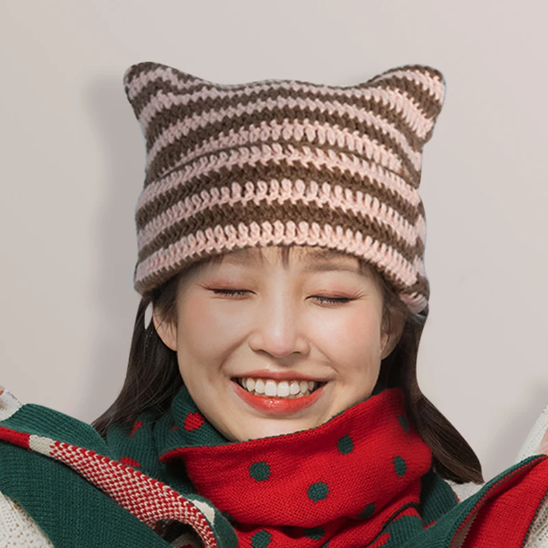 

Knitted Cute Devil Horns Beanie Hat 2022 Autumn Winter Knitting Stripe Wool Caps Girl Cat Ear Pointed Pullover Women Bonnet Hats
