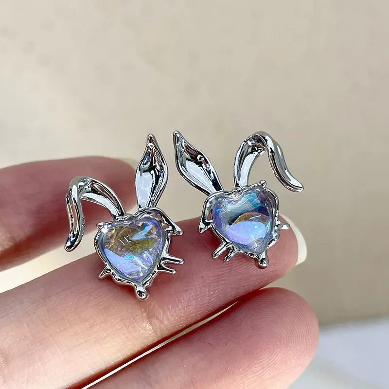 2023 new simple love rabbit ears women's sweet temperament cold wind ins hundred with earrings