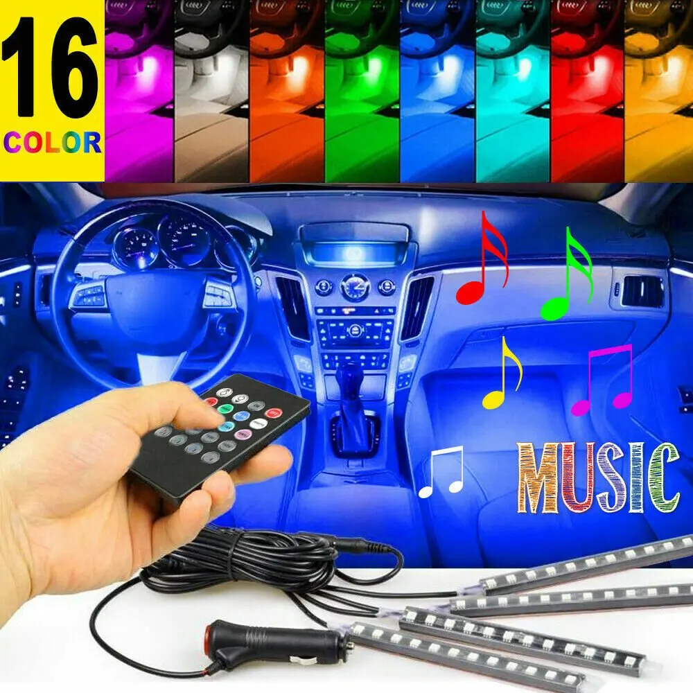 

4 шт., RGB автомобильная светодиодная лента, внутренняя атмосферная лампа, музыкальный пульт дистанционного управления 5050
