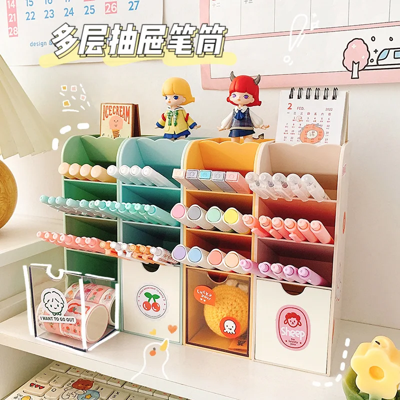 

Kawaii Large Capacity Desk Pen Holder Pencil Makeup Storage Box Desktop Organizer Case with Drawer School Office Stationery