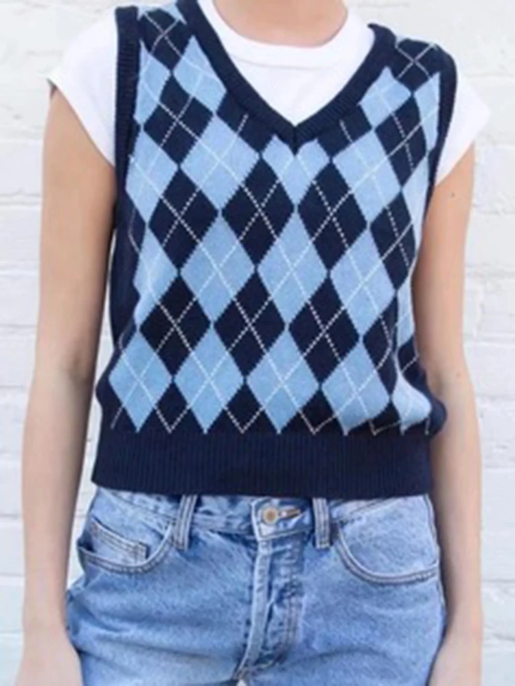 Клетчатый вязаный облегающий свитер жилет Женский Осенний мягкий хлопковый