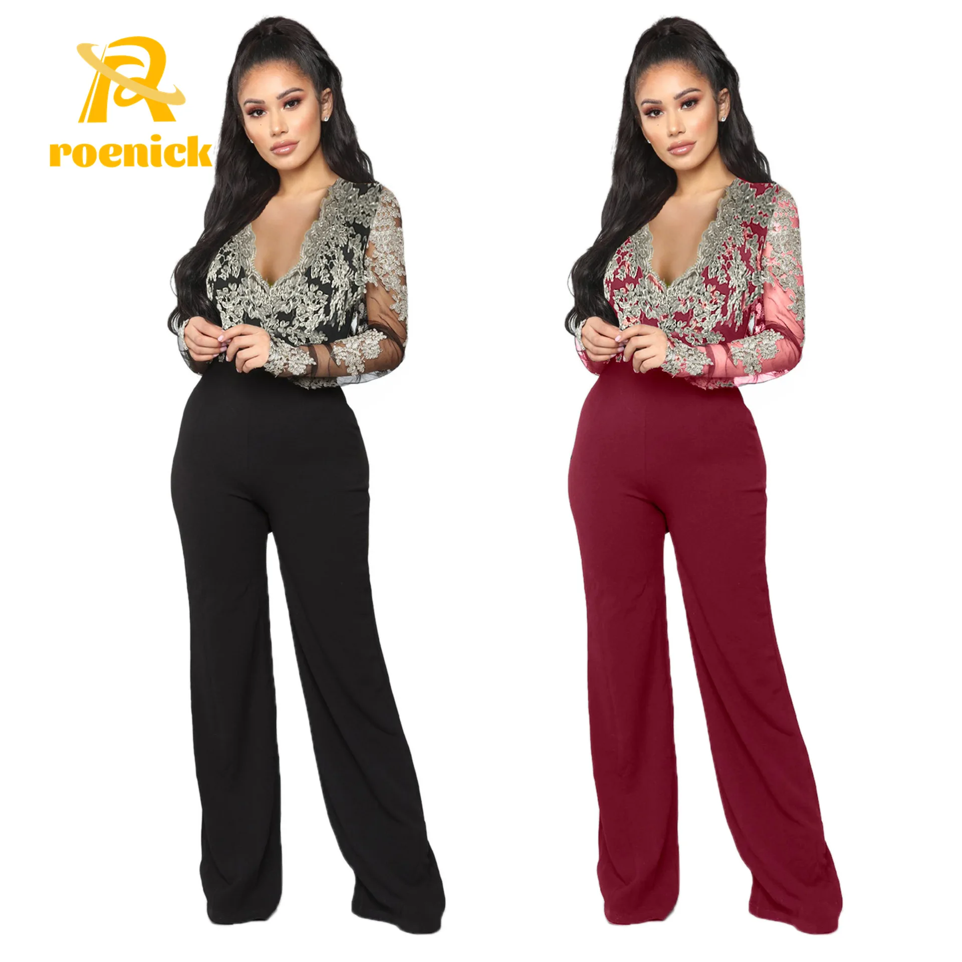 

ROENICK Women Sexy V-neck Lace Elegant Straight Jumpsuits Female Casual Party Wide Leg Overalls Black Long Sleeve Waist Rompers