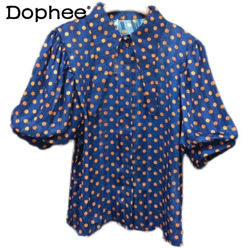 

French Polka Dot Single-Breasted Puff Short Sleeve Shirt Women 2022 Summer Blusas Retro Pointed Collar Chiffon Blouse Top Tide