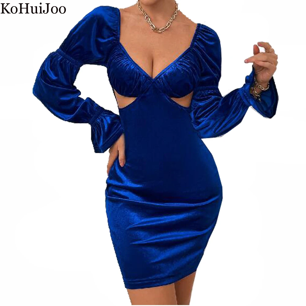 

Синие бархатные платья KoHuiJoo, осенне-зимнее сексуальное Плиссированное Платье с V-образным вырезом, женское облегающее вечернее платье-кара...